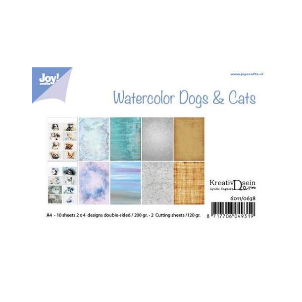 Joy Papirsblok A4 - 8 Ark dobbeltsidet + 2 klippeark ark - 6011/0638 - Watercolor Dogs &amp; Cats