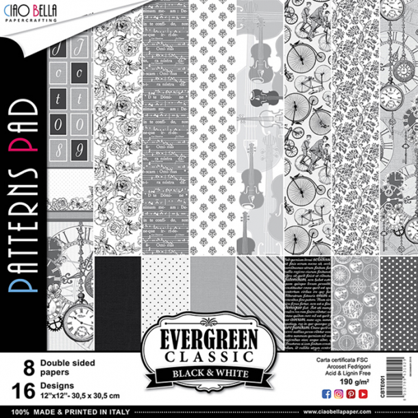 Ciao Bella Patterns Paper Pad 12x12 - CBTE001 - Evergreen - Black &amp; White