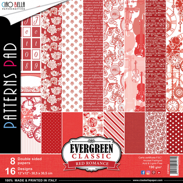 Ciao Bella Patterns Paper Pad 12x12 - CBTE004 - Evergreen - Red Romance