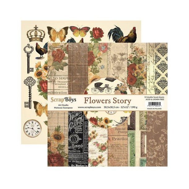 ScrapBoys Papirsblok 30,5x30,5cm - 12 dobbeltsidet ark - Flowers Story