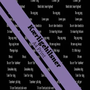 Krlige hilsner hvide tekster p sort baggrund. Trykt p 250 gr. papir 