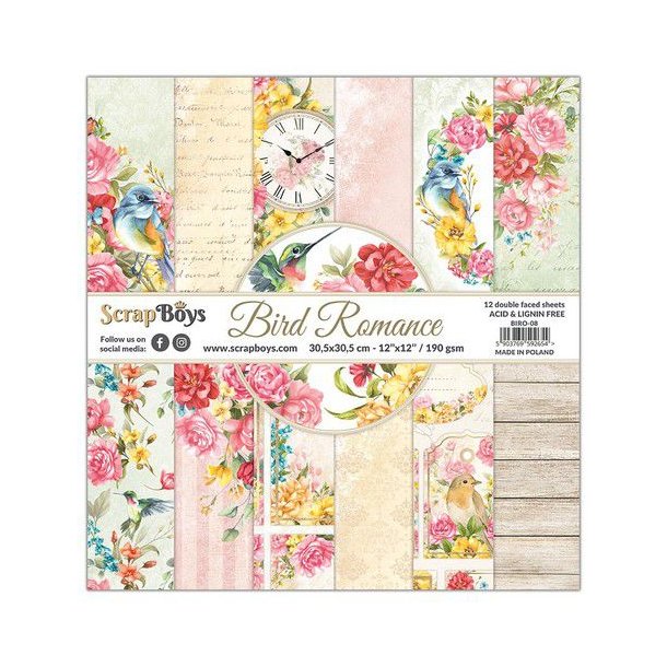 ScrapBoys Papirsblok 30,5x30,5cm Bird Romance paperset 12 vl+cut out elements