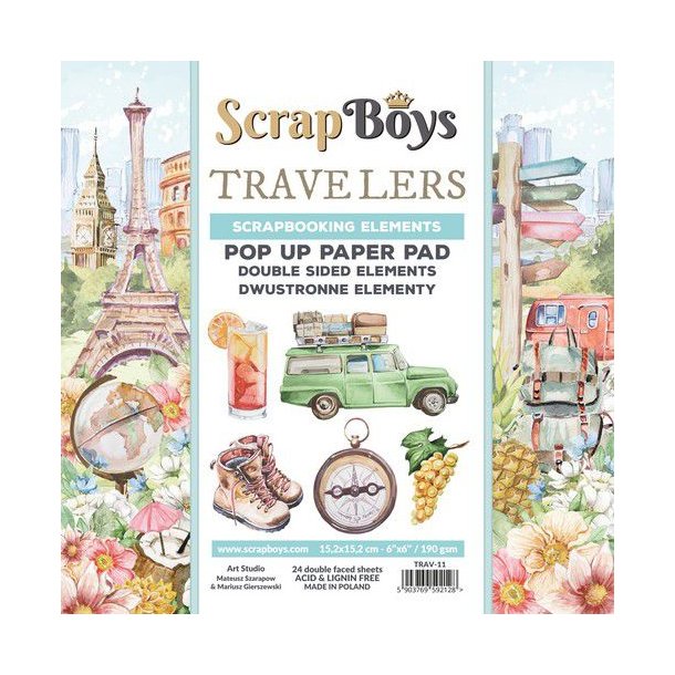 Scrapboys POP UP Paper Pad double sided elements - Travelers TRAV-11 190gr 15,2x15,2cm