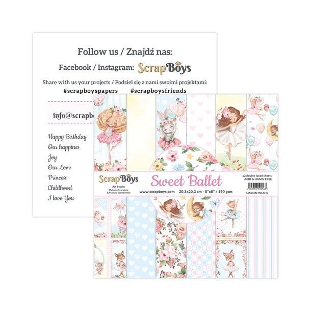 ScrapBoys Papirsblok 20,3x20,3cm - 12 dobbeltsidet ark - Sweet Ballet