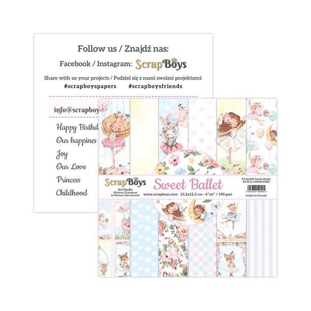 ScrapBoys Papirsblok 15,2x15,2cm - 24 dobbeltsidet ark - Sweet Ballet